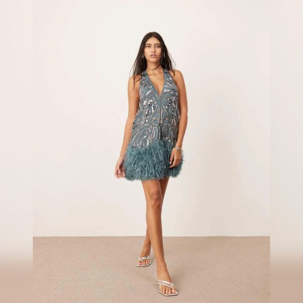 Embellished Plunge Neck Mini Dress with Faux Feather Hem